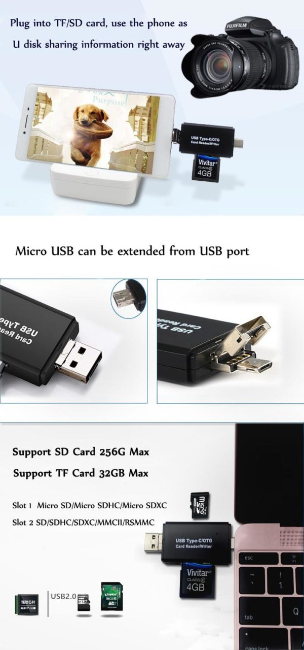 3 i 1 multifunktionskortläsare 480 Mbps High Speed ​​Type-c USB